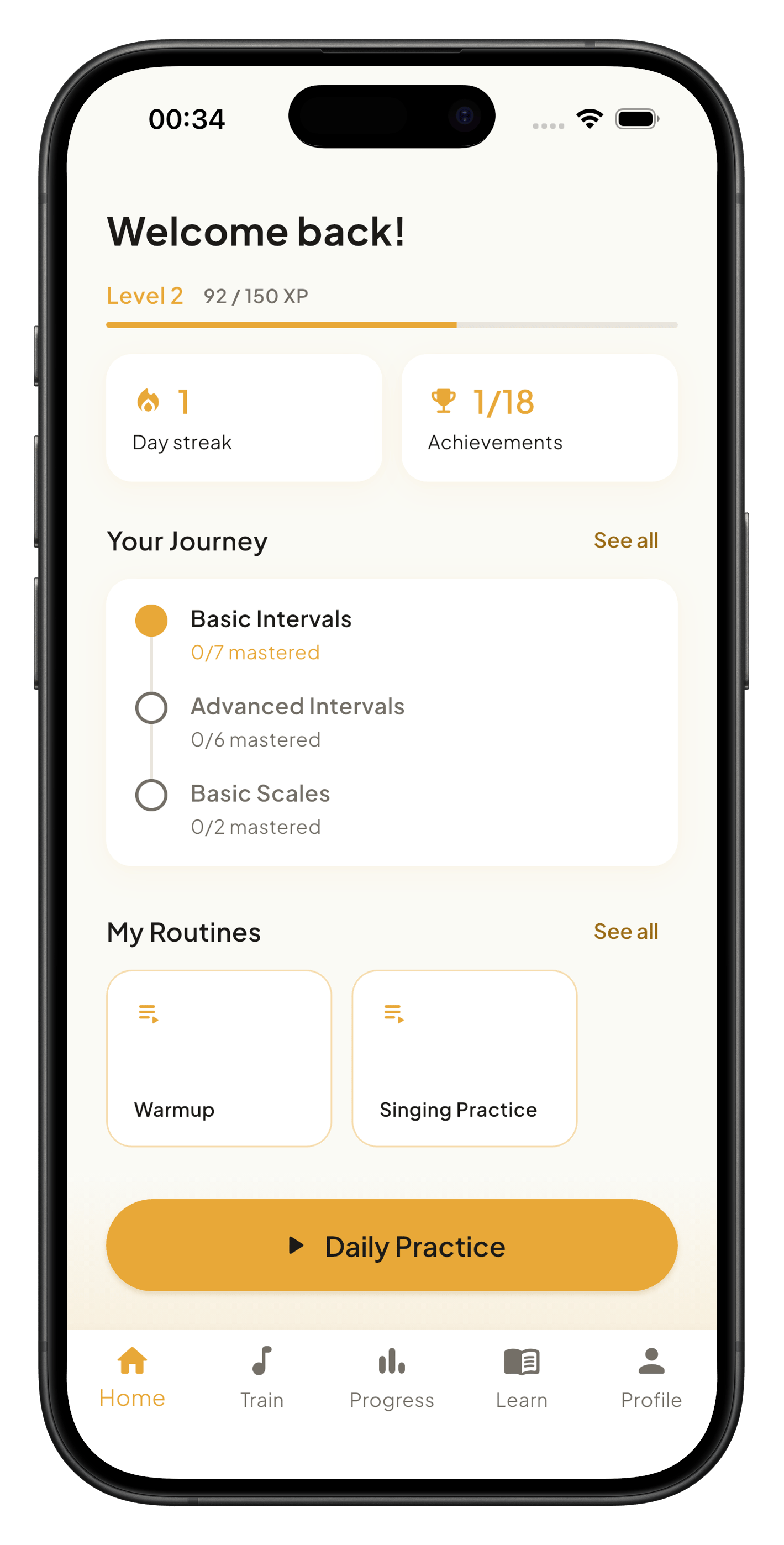 ToneSeed home screen with level progress, day streak, achievements, learning journey, and daily practice button