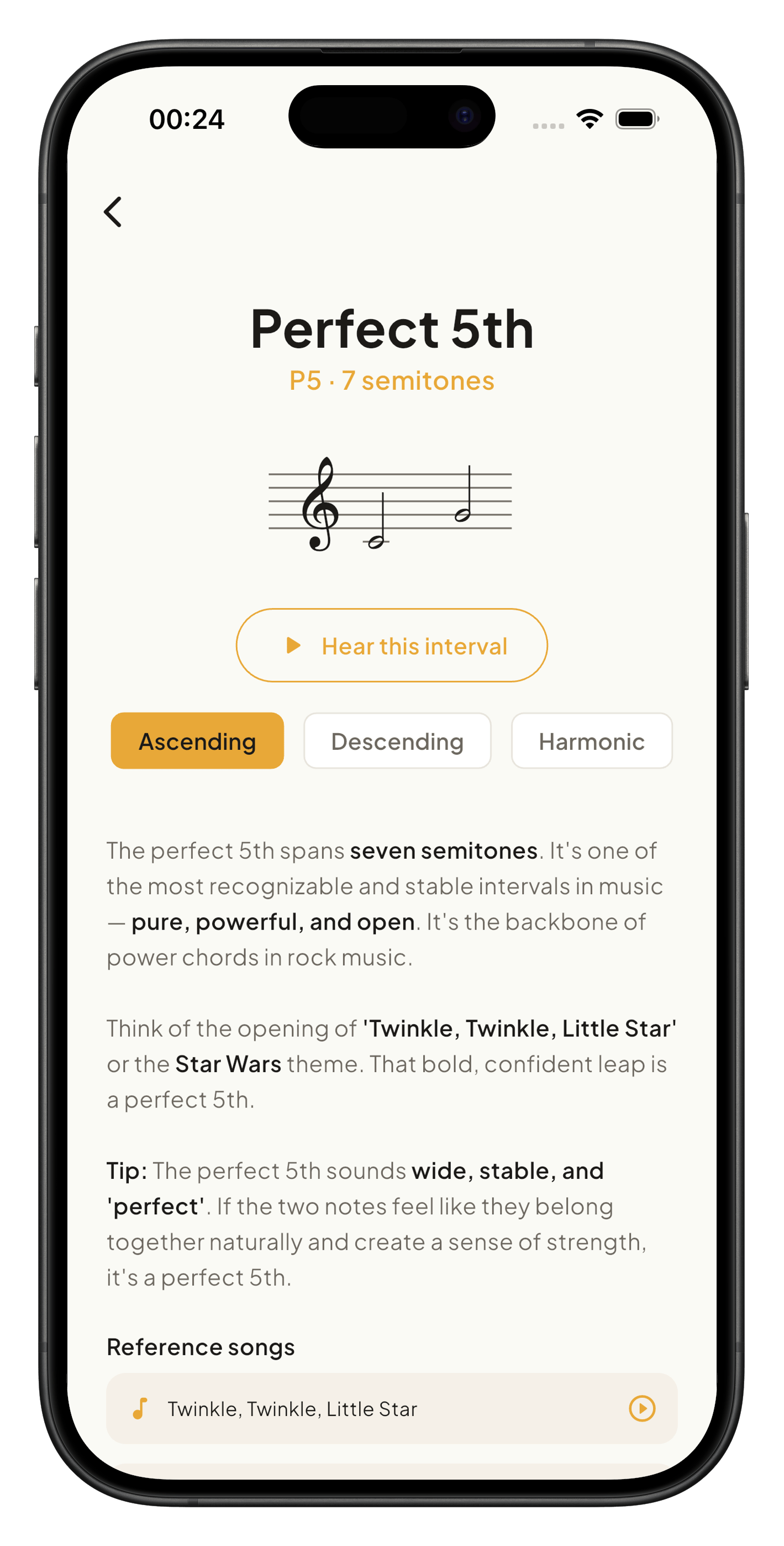 Perfect 5th interval guide with staff notation, description, and reference songs