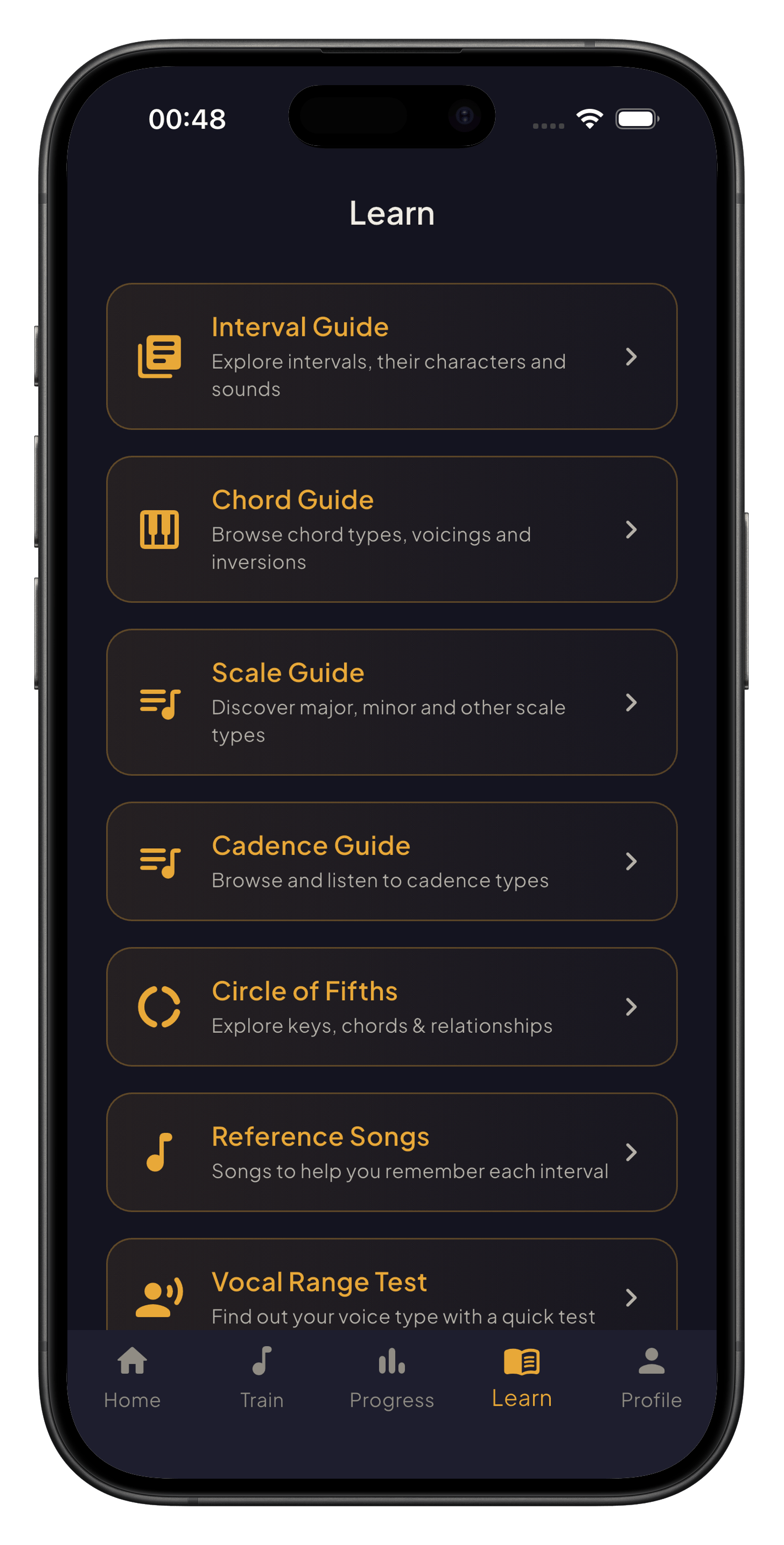 Learn page with guides for intervals, chords, scales, cadences, circle of fifths, reference songs, and vocal range test