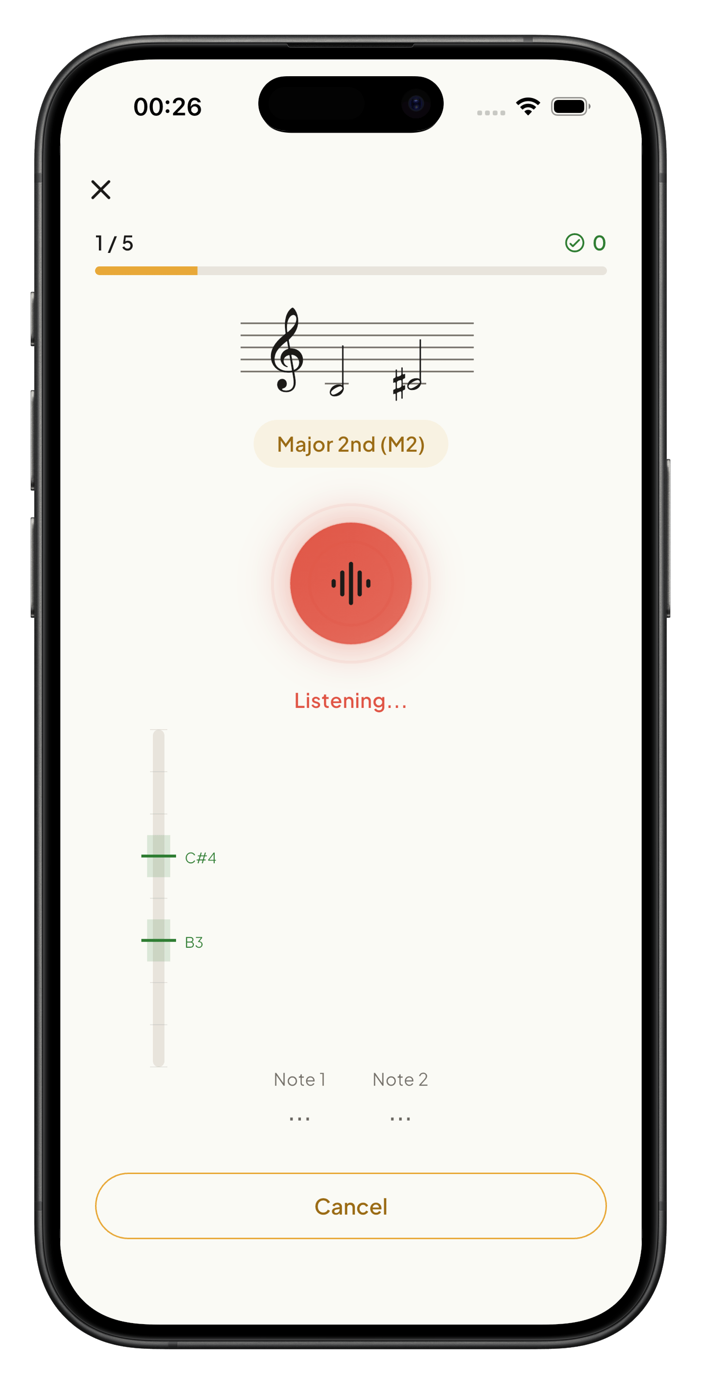 Interval singing exercise with live pitch detection and note tracking