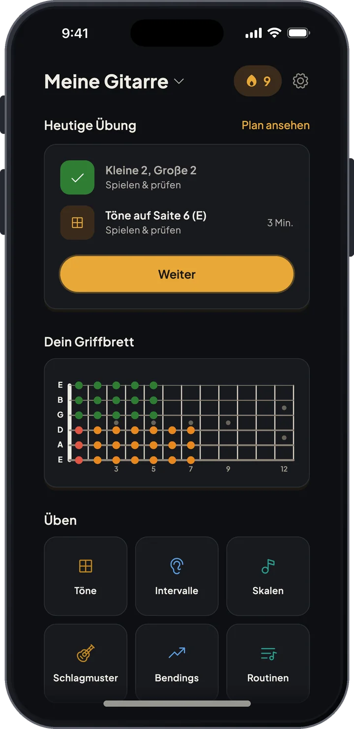 Startbildschirm von Fretboard Trainer mit dem heutigen Übungsplan, einer Fortschrittskarte des Griffbretts und den Übungsmodi