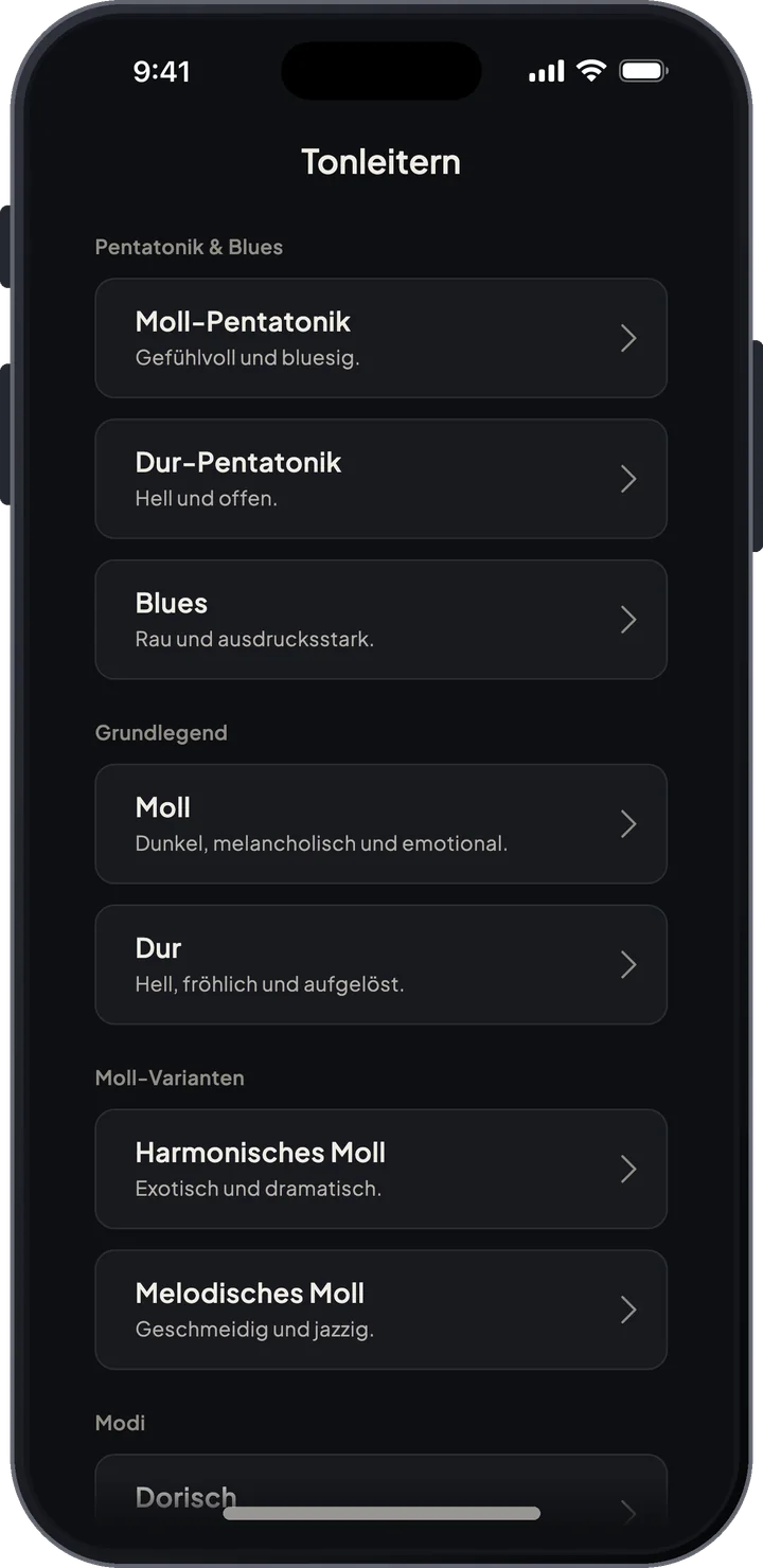Liste im Tonleiter-Guide mit Dur-, Moll-, Pentatonik-, Modus- und exotischen Skalenfamilien