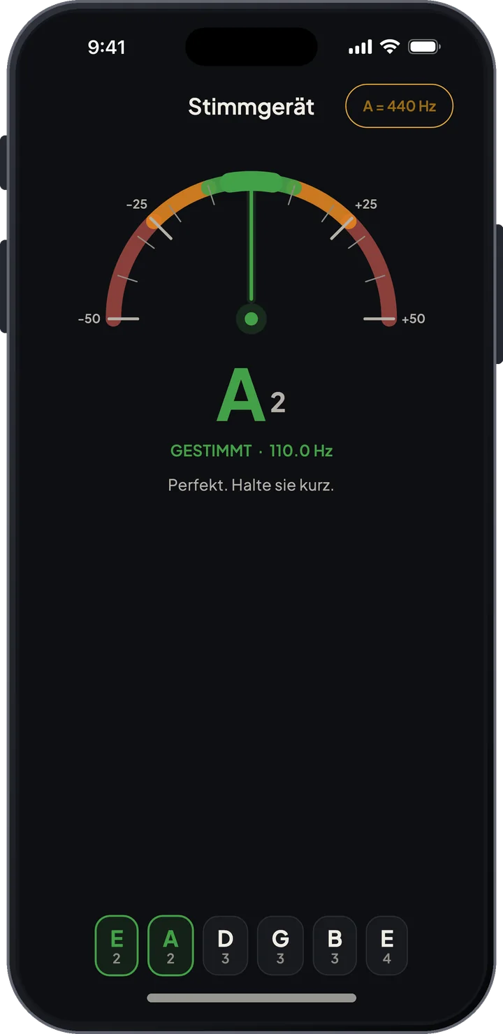 Chromatisches Stimmgerät mit einer gestimmten Saite, die Saiten des Presets als Buttons