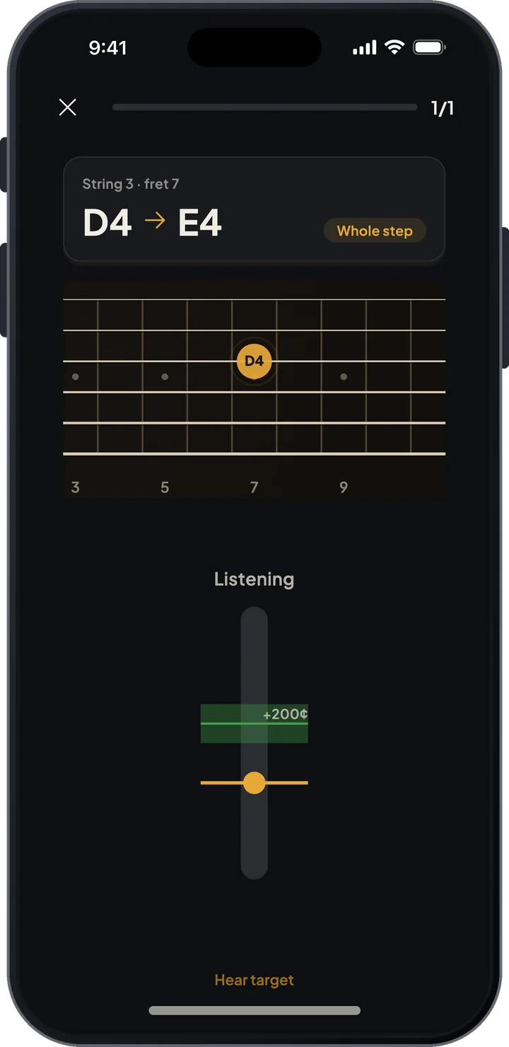 Bend trainer with a whole-step bend from D4 to E4 and live pitch tracking