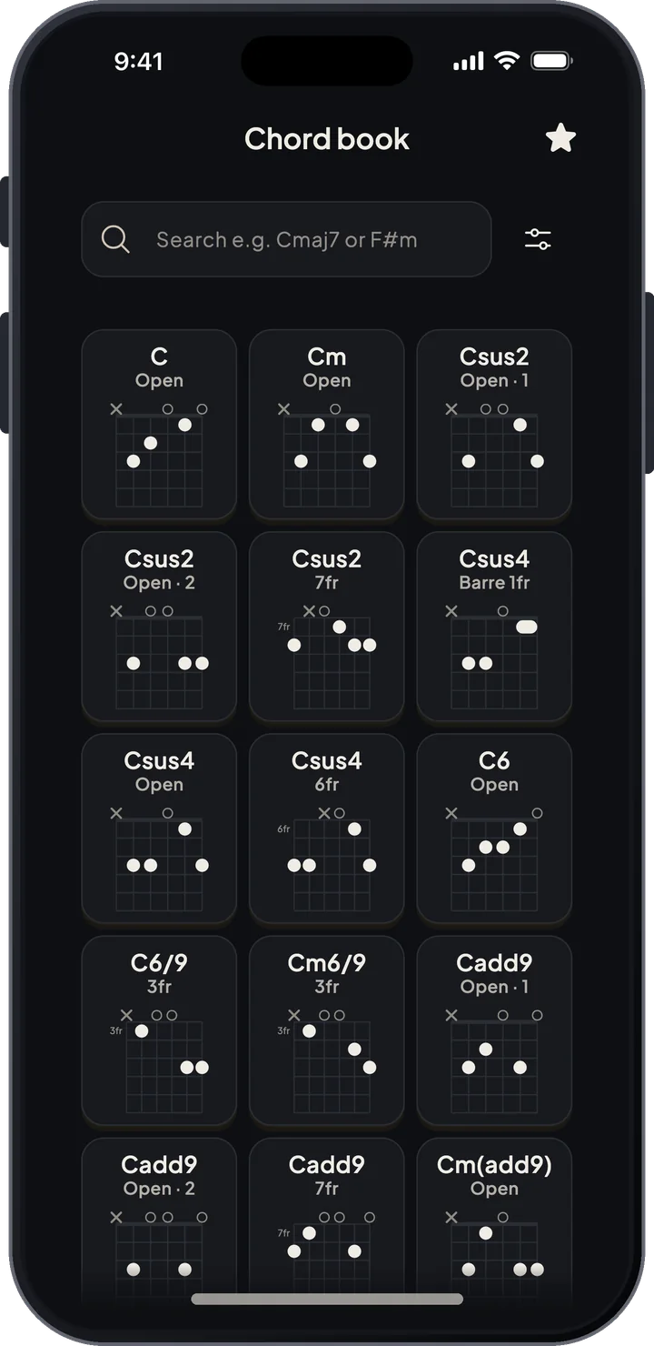 Chord book with C, C minor, suspended, and add9 chord shapes in a searchable grid