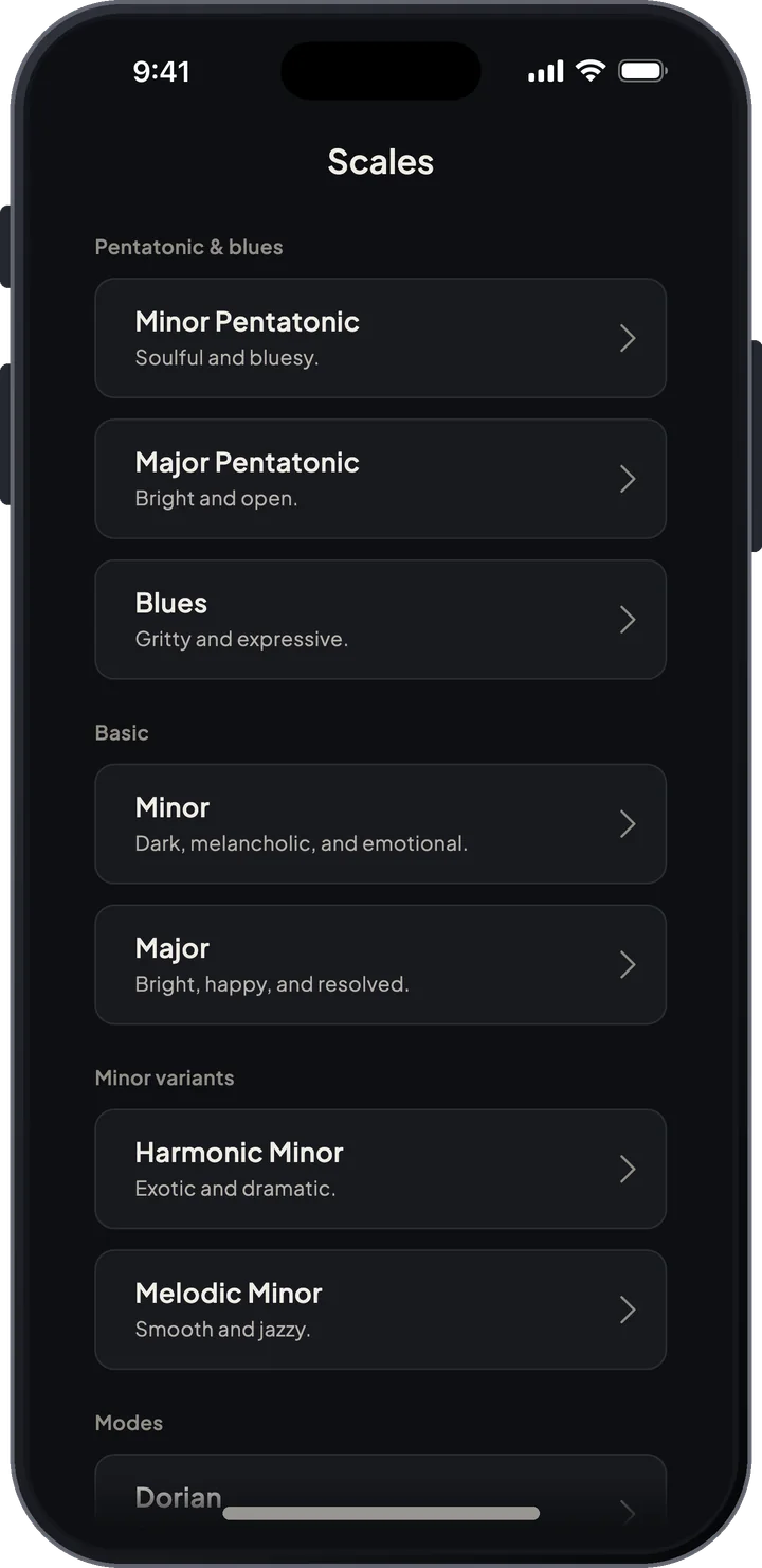 Scale guide list with major, minor, pentatonic, modal, and exotic scale families