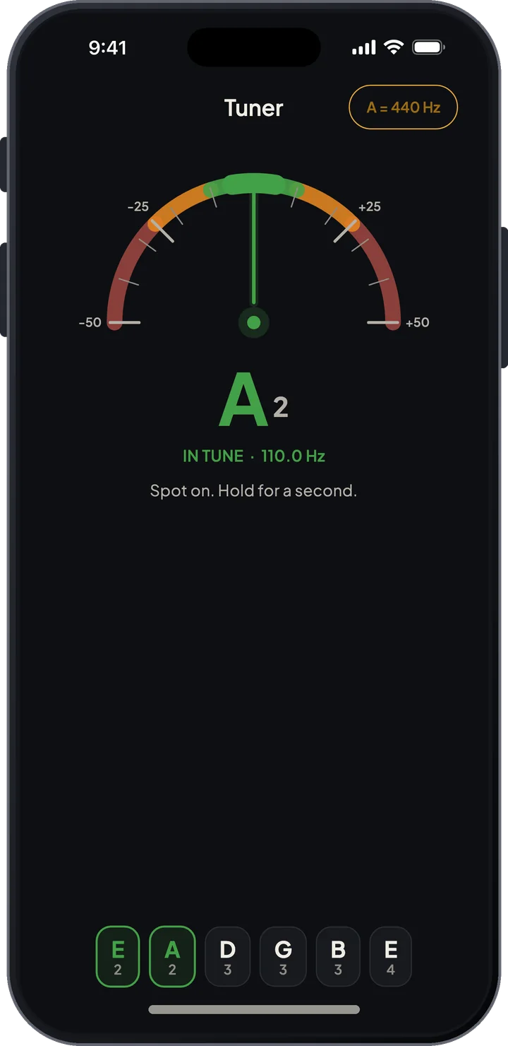 Chromatic tuner showing a string in tune, with the preset's strings as pills