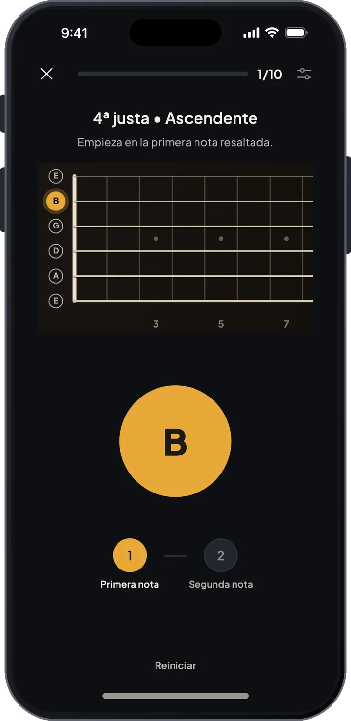 Entrenamiento de intervalos que pide una cuarta justa ascendente, tocada en la guitarra desde una primera nota resaltada