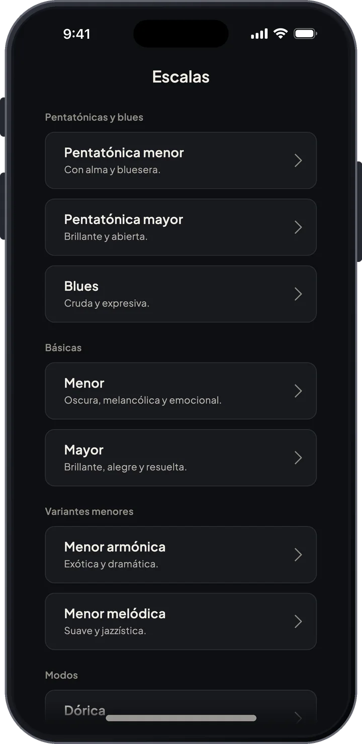 Lista de la guía de escalas con familias mayores, menores, pentatónicas, modales y exóticas