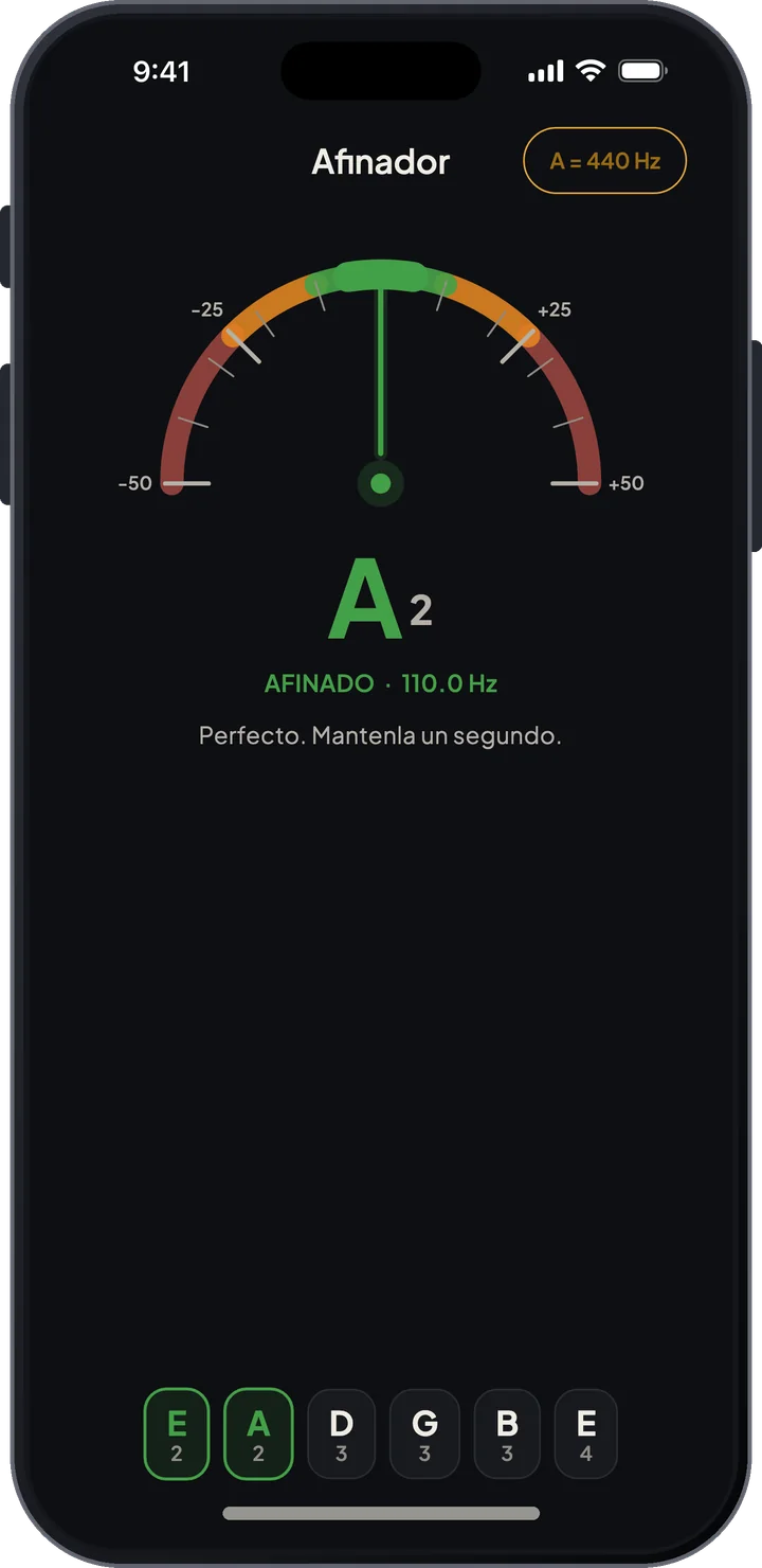 Afinador cromático con una cuerda afinada y las cuerdas del preset como botones