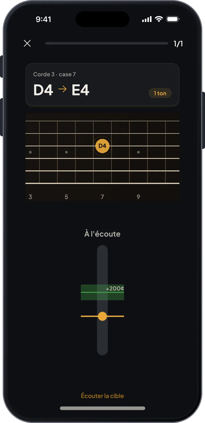 Entraînement aux bends avec un bend d'un ton de ré4 à mi4 et suivi de la hauteur en direct