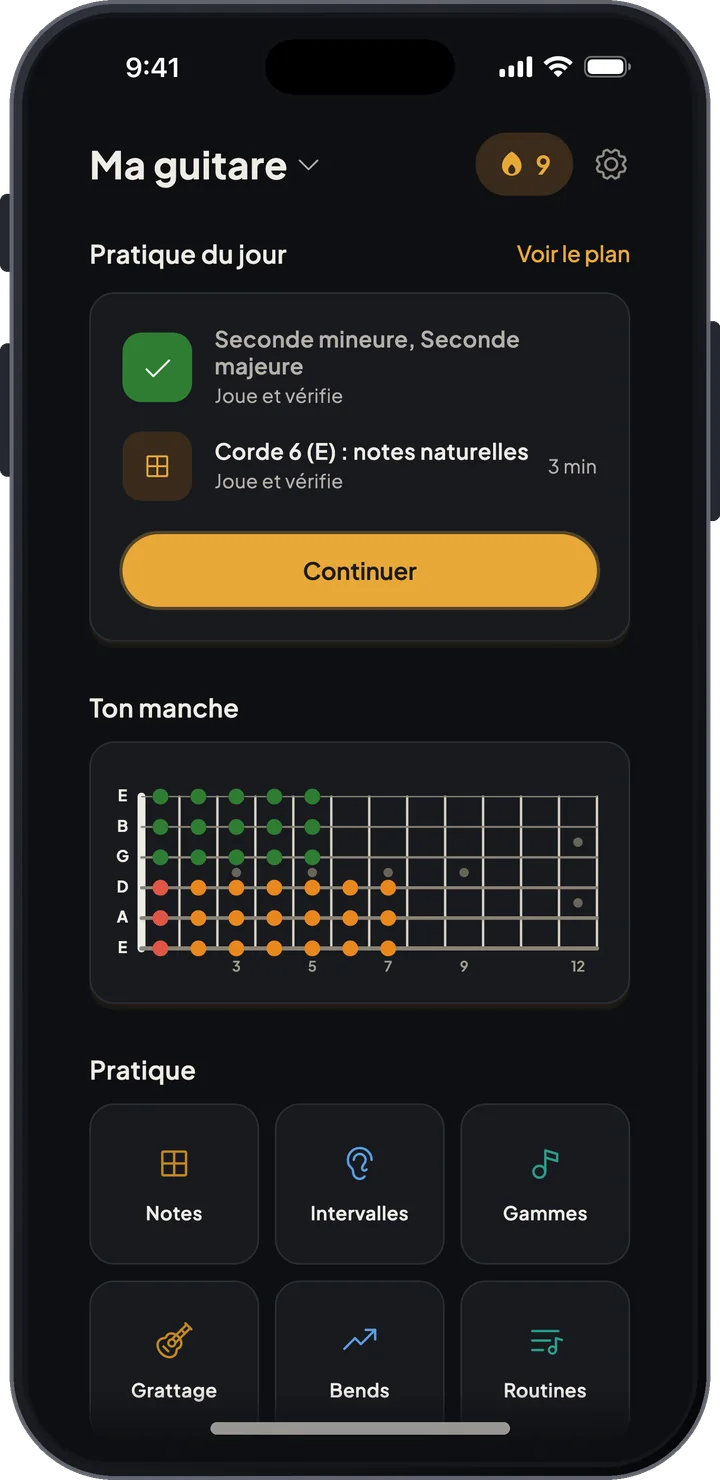 Écran d'accueil de Fretboard Trainer avec le plan de pratique du jour, une carte de progression du manche et les modes d'entraînement