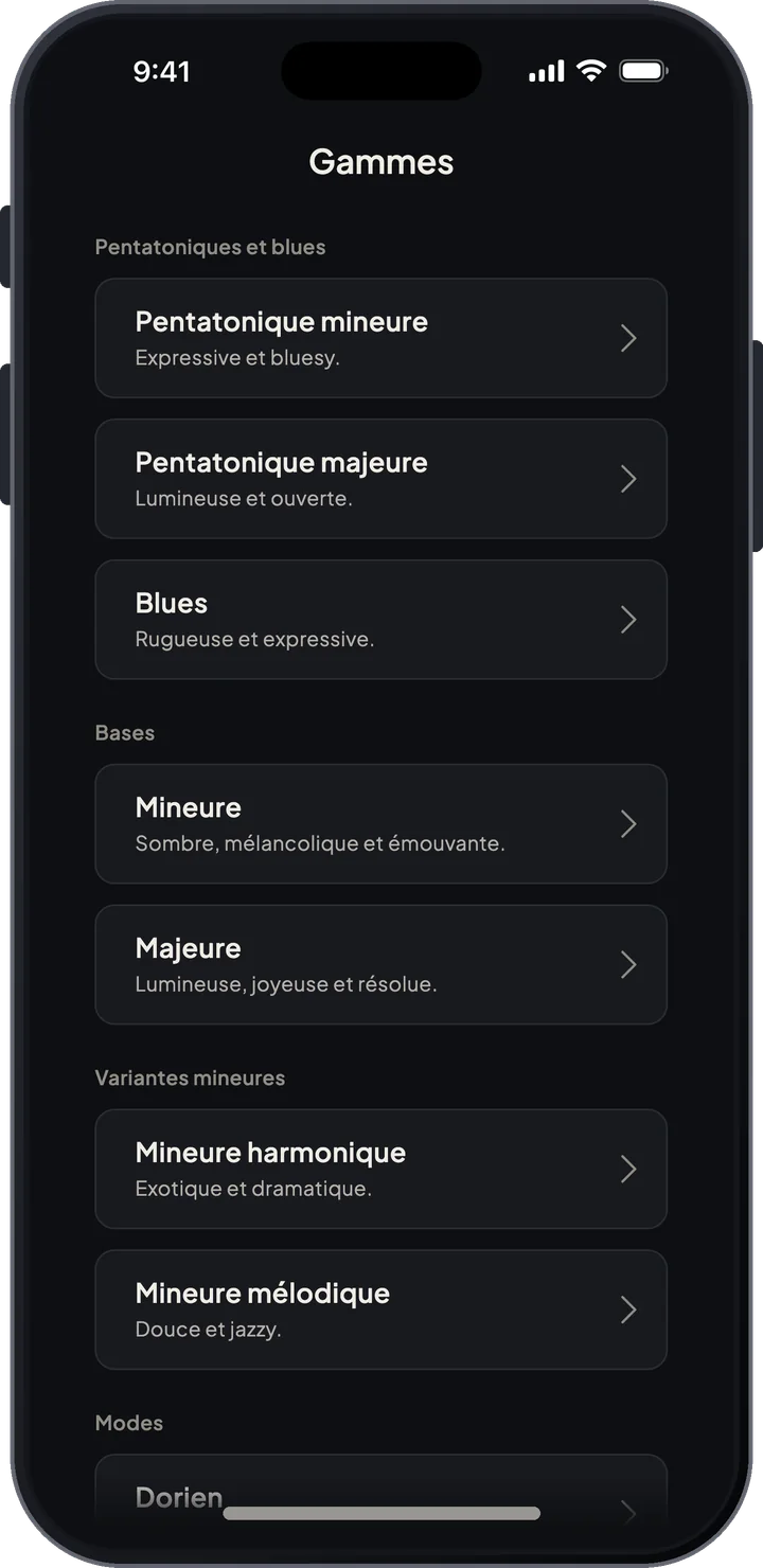 Liste du guide des gammes avec les familles majeures, mineures, pentatoniques, modales et exotiques