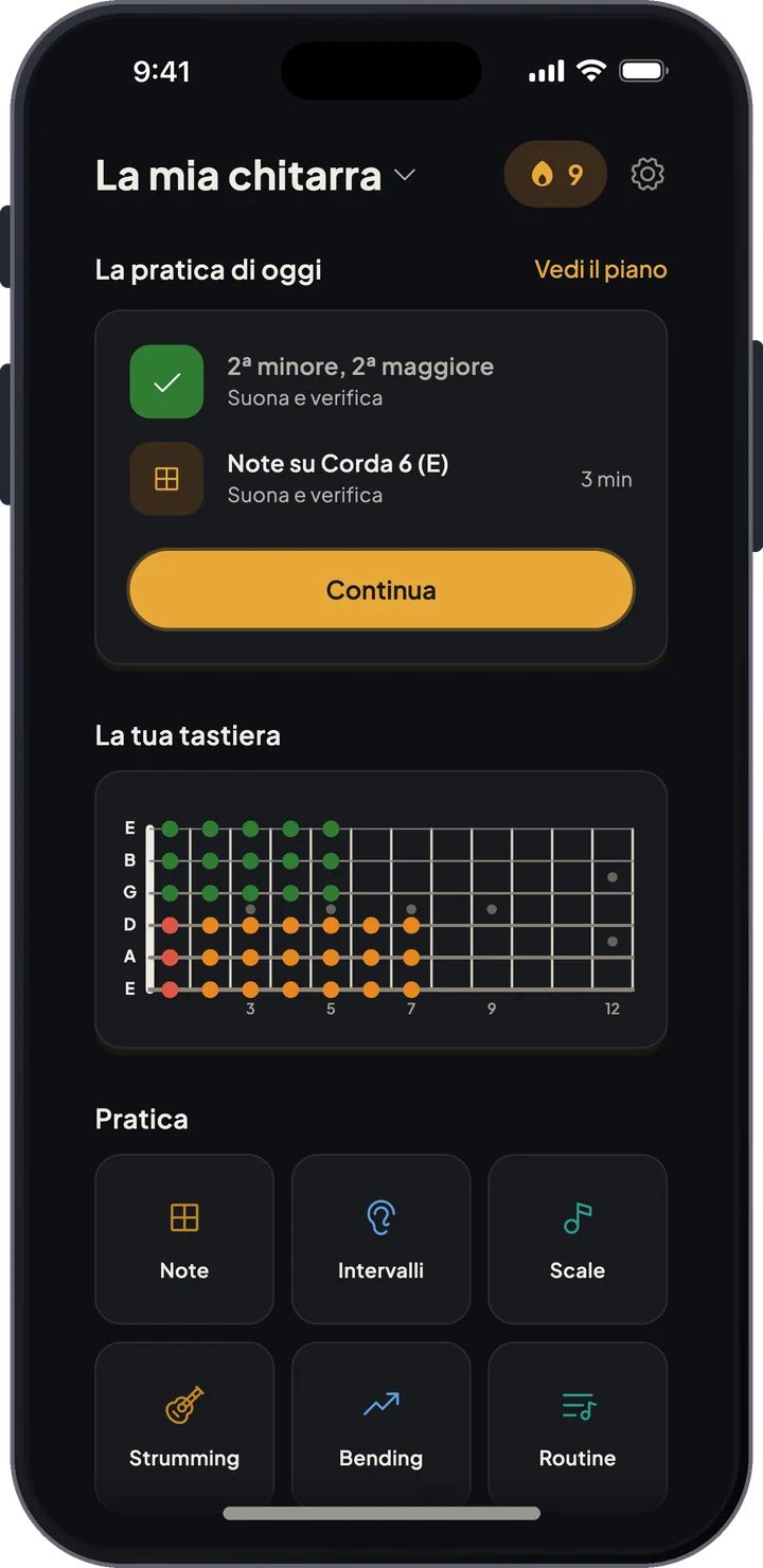 Schermata home di Fretboard Trainer con il piano di pratica di oggi, una mappa dei progressi sulla tastiera e le modalità di pratica