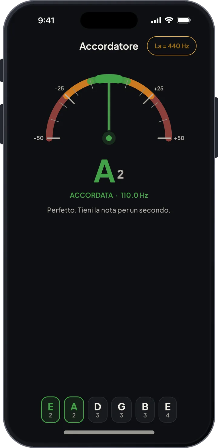 Accordatore cromatico che mostra una corda intonata, con le corde del preset come pulsanti