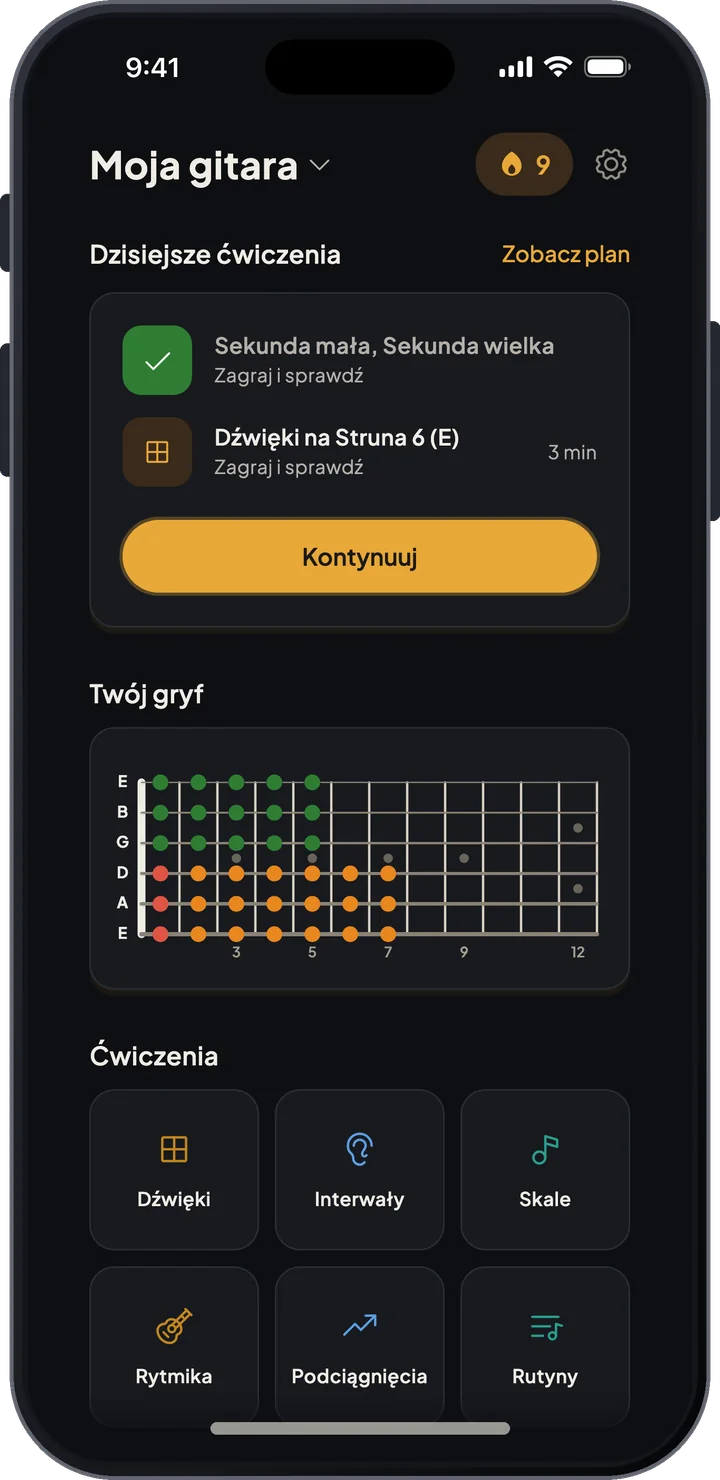 Ekran główny Fretboard Trainer z dzisiejszym planem ćwiczeń, mapą postępów na gryfie i trybami ćwiczeń