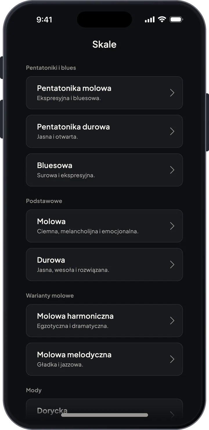 Lista w przewodniku po skalach z rodzinami skal durowych, molowych, pentatonicznych, modalnych i egzotycznych