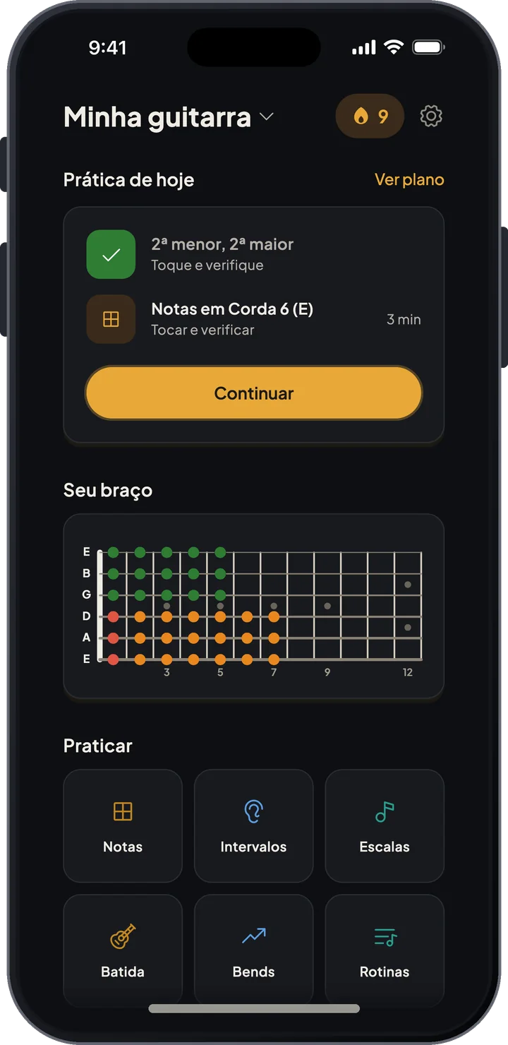 Tela inicial do Fretboard Trainer com o plano de prática de hoje, um mapa de progresso do braço e os modos de prática