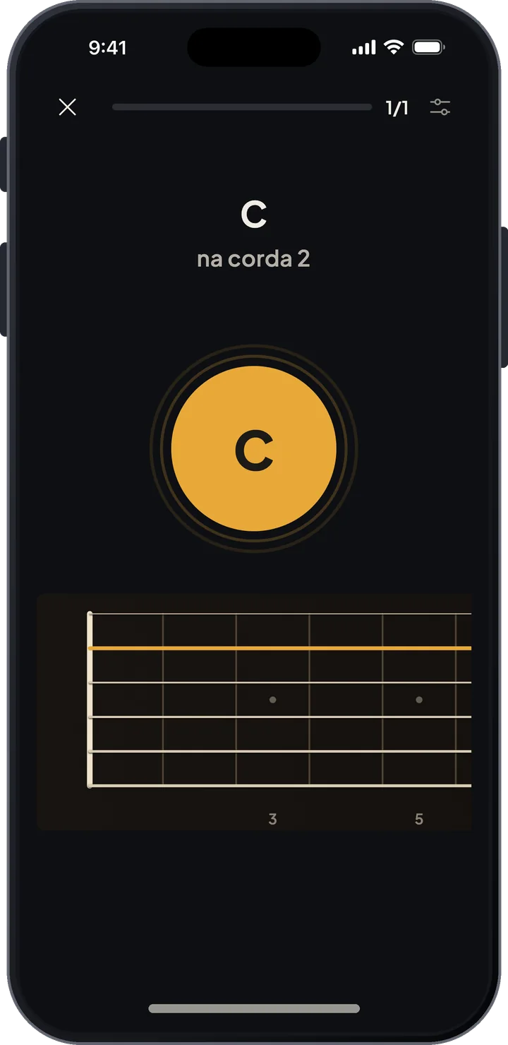 Treino de notas pedindo para tocar Dó na corda 2, ouvindo pelo microfone