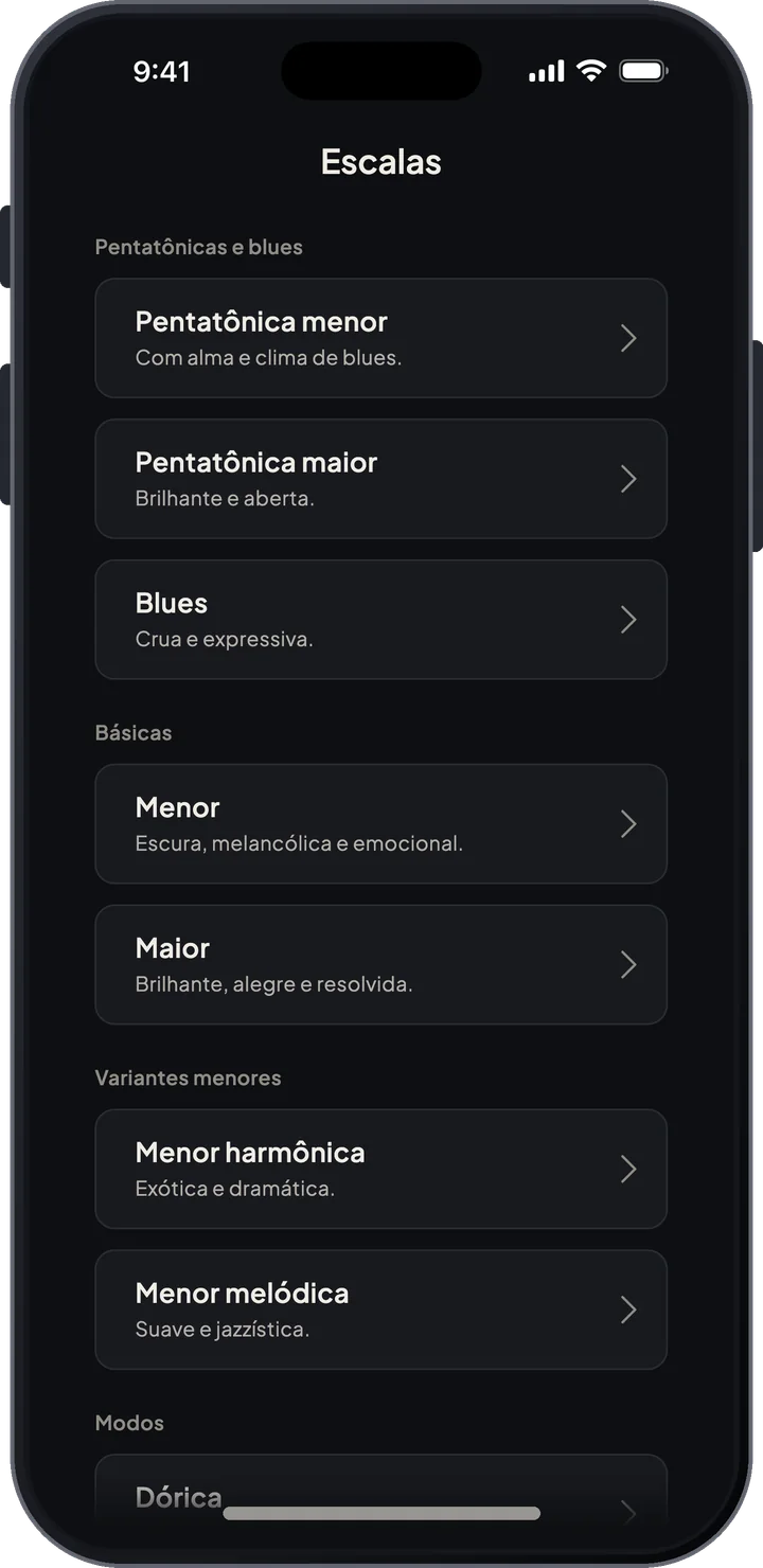 Lista do guia de escalas com famílias maiores, menores, pentatônicas, modais e exóticas