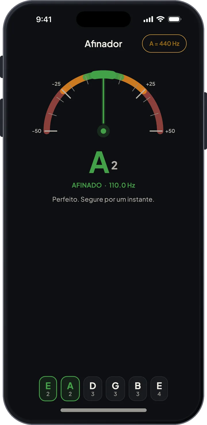 Afinador cromático mostrando uma corda afinada, com as cordas do preset como botões